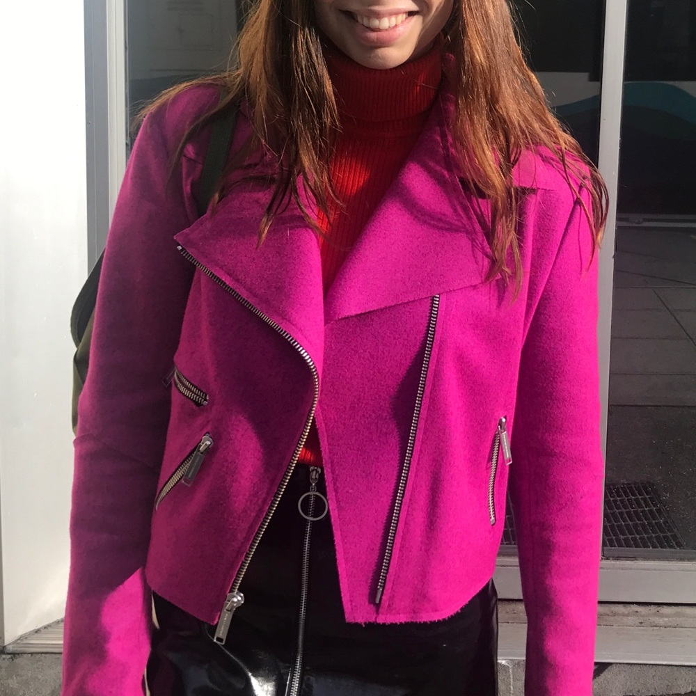 Public School magenta wool biker jacket